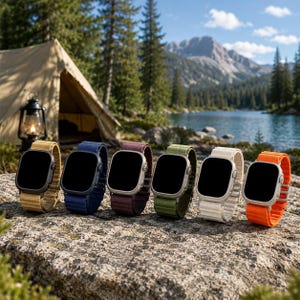 Op de afbeelding: Zes smartwatches met verschillende gekleurde bandjes worden op een rots getoond. De bandjes zijn beige, marineblauw, bordeauxrood, olijfgroen, gebroken wit en oranje. Een tent, lantaarn, meer en bergen zijn op de achtergrond te zien.