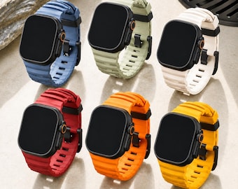 May include: Six smartwatches with black rectangular screens and black cases, each featuring a distinctively colored silicone band with a ribbed texture. The available band colors are blue, light green, white, red, orange, and yellow.