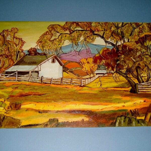 1950s Vintage Art Abstract Painting OOAK Painting Vintage Oil on Board Painting Farm at Southsea East in the Afternoon - Mrs Betty Rowse