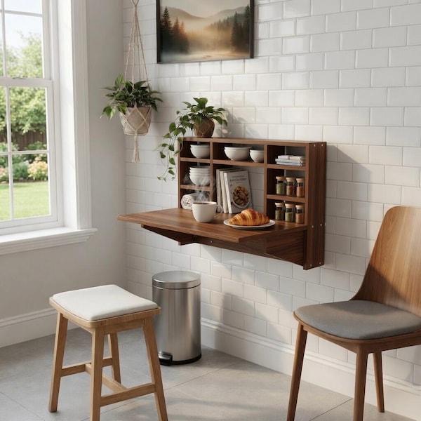 Mesa plegable de pared con estantes, escritorio abatible que ahorra espacio, mesa de comedor convertible, muebles para espacios pequeños, mesa Murphy