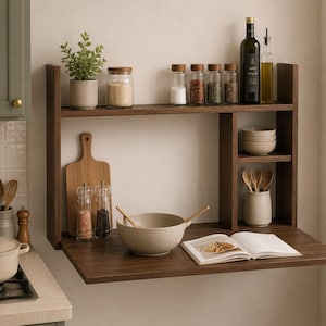 May include: A dark wood kitchen wall shelf with a fold-down table. The shelf holds spices, oils, bowls, and utensils. A cookbook and a large bowl sit on the table. A small plant and cutting board are also visible.