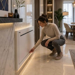 May include: A white, wall-mounted, fold-down desk is shown. The desk is rectangular and has a clean, modern design. The desk is mounted on a marble wall with a light strip above and below it. A person is shown opening the desk.