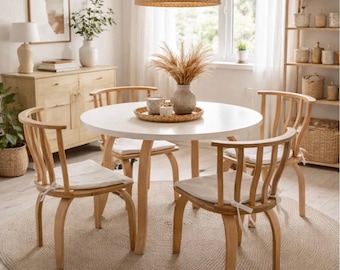 Modern Scandinavian Round Dining Table Set for 4, Boho Wood Dining Room Furniture, Kitchen Table with 4 Chairs, Minimalist Small Space Decor