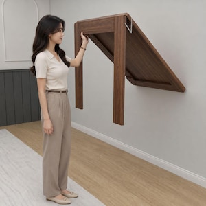 Puede incluir: Una mesa plegable de madera oscura, montada en la pared. La mesa es rectangular cuando está abierta y se está plegando contra la pared. Sus dimensiones son de aproximadamente 76 cm de ancho y 51 cm de profundidad.