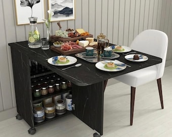 Mesa de cocina plegable con almacenamiento, carrito de isla de cocina con ruedas, mesa de comedor extensible, ahorra espacio, mesa con armario móvil