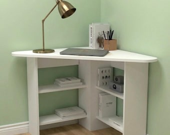 Escritorio de esquina moderno, mesa de estudio triangular, estantería de esquina blanca, escritorio compacto para oficina en casa, consola multimedia minimalista, muebles para espacios pequeños