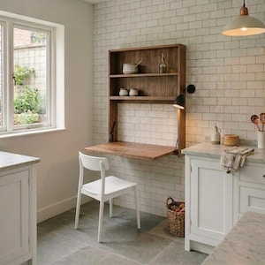 May include: A wooden wall-mounted desk with a shelf above it, featuring a fold-down desk surface. A white chair sits in front of the desk. The desk is in a kitchen with white cabinets and a brick-style wall.