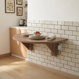 May include: A semi-circular wooden table, mounted on a wall, with a dark brown finish. The table is supported by two wooden brackets and is set against a white tiled wall. It has plates, a bowl of tomatoes, and a rolled-up towel. Kitchen decor.