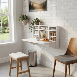 Wall Mounted Folding Table with Shelves, Space Saving Drop Leaf Desk, Convertible Dining Table, Small Space Furniture, Murphy Table