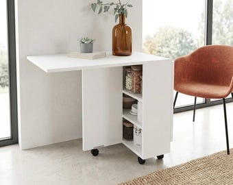 Mesa de comedor plegable con ruedas y estante de almacenamiento, escritorio extensible con alas abatibles, mesa de cocina para espacios pequeños, estación de trabajo móvil.