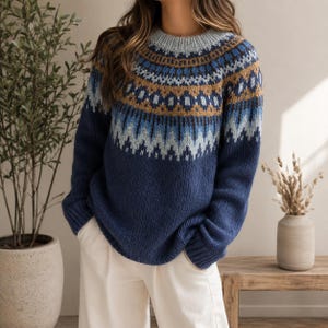 Suéter nórdico Fair Isle, pulôver feminino de tricô aconchegante, suéter de lã para o inverno, blusa com estampa escandinava.