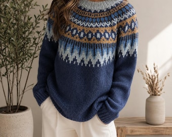 Jersey nórdico Fair Isle, jersey de punto acogedor para mujer, jersey de lana de invierno, jersey con estampado escandinavo