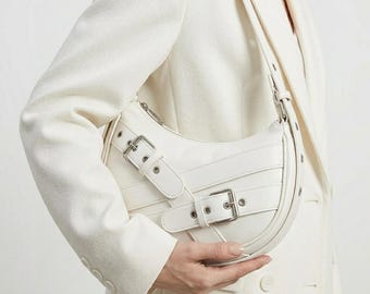 White Buckle Crescent Shoulder Bag: Y2K Vegan Leather Hobo Purse