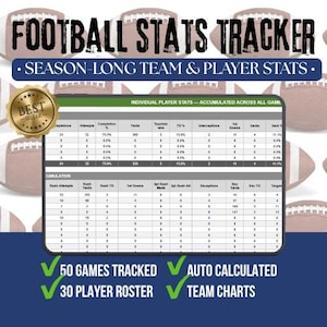 May include: A football stats tracker with the text "FOOTBALL STATS TRACKER" and "SEASON-LONG TEAM & PLAYER STATS." The image includes a "BEST SELLER" badge and a table displaying player stats. Features include 50 games tracked, auto-calculated data, 30-player roster, and team charts.