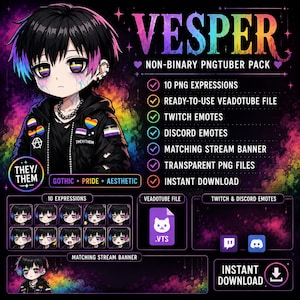 May include: A digital character asset pack titled VESPER NON-BINARY PNGTUBER PACK featuring a chibi-style character with black hair, blue and pink highlights, and a black hoodie with pride pins. Includes 10 expressions, Veadotube file, emotes, and banner.