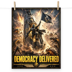 May include: A vertical poster featuring a futuristic soldier in dark armor emerging from a metallic drop pod, holding a dark flag. The scene depicts a chaotic battlefield with fiery explosions and alien creatures. The text reads DEMOCRACY DELIVERED.