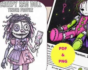 Creepy Rag Doll Tinder Profile Coloring Pages PDF | Creepy Cute Pastel Goth and Neon Coloring Book