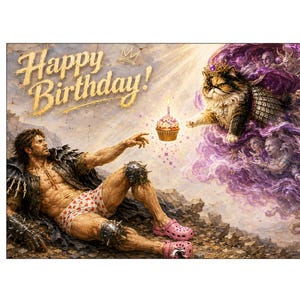 May include: A greeting card featuring a muscular figure in heart-patterned boxers and spiked armor reaching toward a crowned, fluffy cat emerging from purple clouds. A single cupcake with a lit candle floats between them. The text reads Happy Birthday.