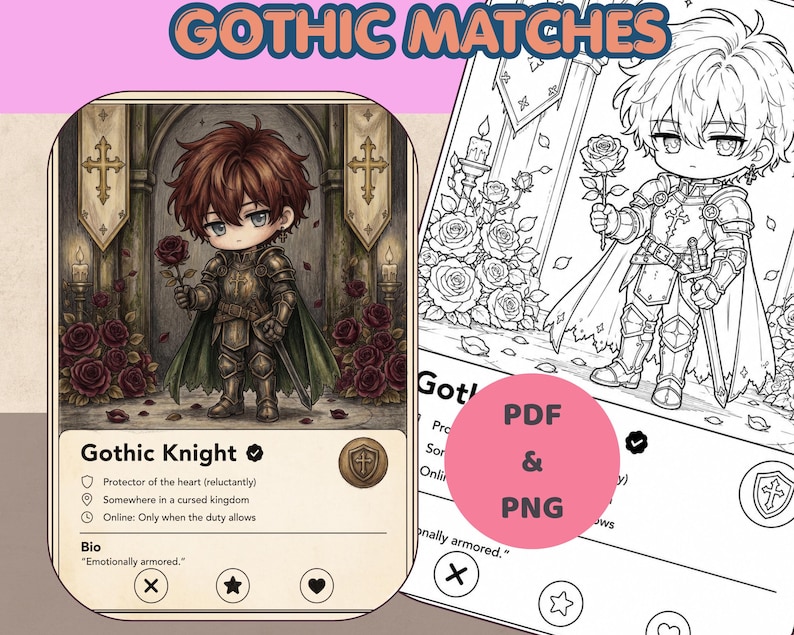 May include: Digital art featuring a Gothic Knight character holding a rose, with the text "Gothic Matches" at the top. The image includes a character card with details and a PDF & PNG graphic.