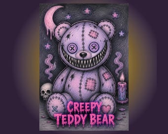Creepy Kawaii Teddy Bear Coloring Pages | Kawaii Goth Coloring Book PDF | Spooky Cute Plush Cozy Goth