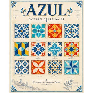 May include: A poster titled AZUL PATTERN STUDY No. 01 featuring twelve square tiles with distinct blue, yellow, red, and white geometric and floral patterns. The print includes text labels for each tile, a city skyline illustration, and the text Geometry in ceramic form.