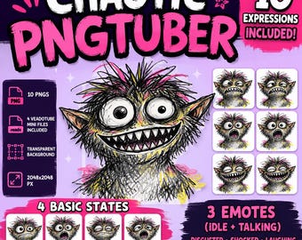 Chaotic Hand Drawn PNGTuber – Premade PNGTuber Avatar with Emotes – PNG Tuber Model – Twitch Avatar, Veadotube Ready