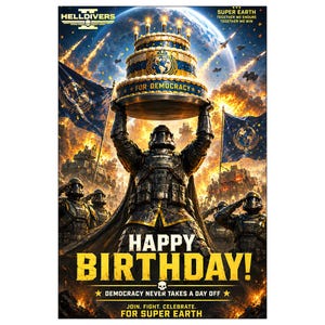 May include: A Helldivers 2 poster featuring a soldier holding a birthday cake with candles above their head. Text reads: HELLDIVERS, SUPER EARTH, FOR DEMOCRACY, HAPPY BIRTHDAY!, DEMOCRACY NEVER TAKES A DAY OFF, JOIN. FIGHT. CELEBRATE. FOR SUPER EARTH.