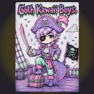 May include: Illustration of a pirate boy with purple hair, wearing a purple coat, hat, and eye patch. He stands on a treasure chest, holding a pink sword. A pirate flag with a skull and crossbones waves in the background. The text "Goth Kawaii Boys" is at the top.