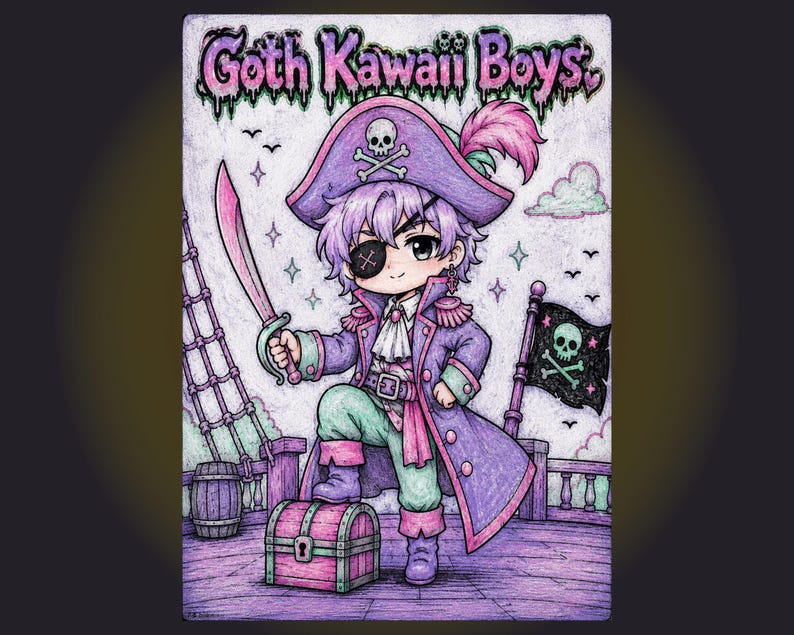 May include: Illustration of a pirate boy with purple hair, wearing a purple coat, hat, and eye patch. He stands on a treasure chest, holding a pink sword. A pirate flag with a skull and crossbones waves in the background. The text "Goth Kawaii Boys" is at the top.