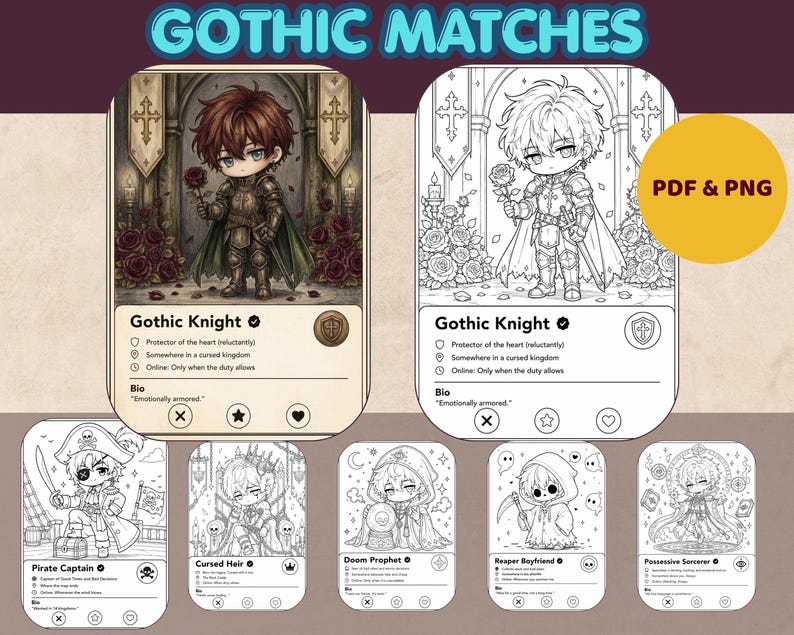 May include: Digital art featuring trading card designs with a gothic theme. The cards showcase chibi-style characters, including a Gothic Knight, Pirate Captain, and others. The cards are in color and black and white versions.