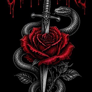 Lámina decorativa de romance oscuro para imprimir, póster de chica buena, estampado gótico de serpiente y rosa, decoración estética vanguardista, arte en blanco, negro y rojo, descarga digital.