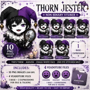 Puede incluir: Una hoja de activos de personaje digital titulada Thorn Jester Non-Binary Vtuber con un personaje con sombrero de bufón negro y morado, cara blanca tiza y un ojo cosido. Incluye 10 imágenes PNG, 4 archivos Veadotube y varias expresiones.