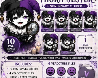 Thorn Jester PNGTuber + Discord & Twitch Emotes | Non-Binary Gothic VTuber Avatar | 10 PNG Expressions | 4 Veadotube Files | Ready to Use