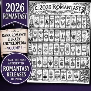 Könnte beinhalten: Schwarz-Weiß-Illustration eines Bücherregals mit der Aufschrift "2026 Romantasy Dark Romance Library Encyclopedia Volume I." Das Bild zeigt verschiedene Buchtitel, darunter "The Wicked Sea" und "The Last King of Faerie."