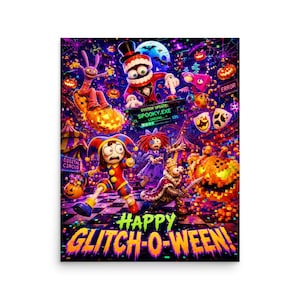 Puede incluir: Una vibrante ilustración digital con personajes de The Amazing Digital Circus en un entorno de Halloween. El texto "HAPPY GLITCH-O-WEEN!" aparece en la parte inferior, junto a una barra de carga "SPOOKY.EXE" y varias calabazas pixeladas.