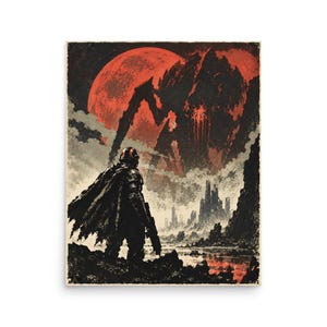 May include: A rectangular art print featuring a dark, armored figure in a cape and helmet standing on a rocky terrain, looking toward a massive, shadowy, multi-legged creature silhouetted against a large, glowing red moon in a cloudy sky.