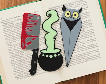 Halloween Bookmark Set - Glow in the Dark Bookmark, Bloody Cleaver, Cauldron and Bat - Spooky Gothic Reader Gift - 3D Printed