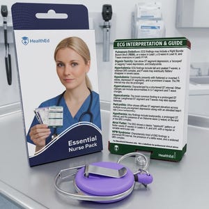 Può includere: Un HealthEd Essential Nurse Pack con una guida all'interpretazione dell'ECG. Il pacchetto presenta una donna in uniforme da infermiera. Un porta badge retrattile viola e argento è in primo piano.