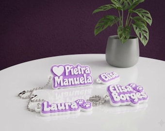 2 Personalised Name Keyrings | Custom Heart Paw Backpack Charm