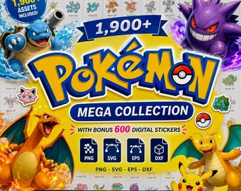 1900+ Pokemon Mega SVG PNG Bundle, Digital Stickers