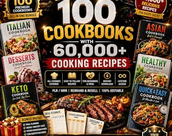 100 Digital Cookbooks With Resell Rights, E-book Bundle, Digital Recipe books for Passive Income