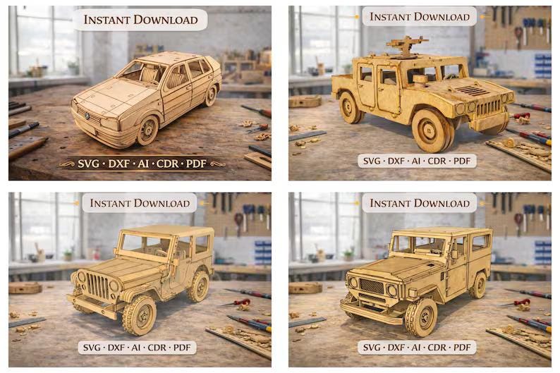 Laser Cut Wooden Vehicle Models Bundle, 44 Designs, 3mm MDF Plywood ...