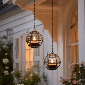 Solar Powered Sphere Lantern – Metal Cage Outdoor Candle Holder, Flickering LED Tree Ornament