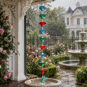 May include: A decorative rain chain with alternating blue, green, and red flower-shaped cups. The chain hangs from a porch and leads to a bird bath with a hummingbird sculpture. The background shows a garden with a fountain and a large house.
