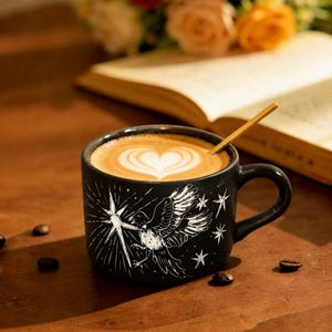 以下が含まれることがあります： 黒いセラミック製のマグカップ。白い線画で、小さな星々に囲まれた大きな星に向かって飛ぶ鳥が描かれています。マグカップにはハート型のフォームアートが施されたラテが入っており、小さな金色のスプーンが添えられています。