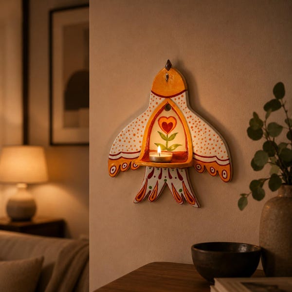 Portavelas de pared de cerámica con forma de pájaro, hecho a mano, aplique de estilo folclórico para velas pequeñas, decoración rústica de pared.
