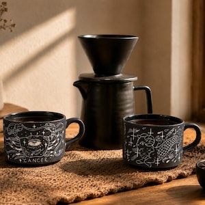 Könnte beinhalten: Zwei mattschwarze Keramiktassen mit weißen Strichzeichnungen von Sternzeichen. Eine Tasse zeigt ein Krebs-Motiv mit einem Auge, die andere einen Steinbock. Ein schwarzer Kaffeefilteraufsatz steht auf einer passenden schwarzen Kaffeekanne.