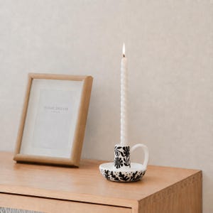 Hand Painted Floral Candle Holder, Ceramic Taper Candlestick, Black White Folk Art Decor