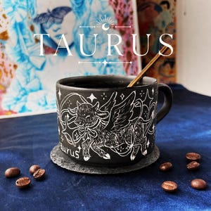 Taurus Zodiac Mug, Handmade Black Ceramic Coffee Cup, Astrology Constellation Cup,  Birthday Gift