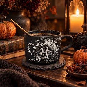 May include: A matte black ceramic mug featuring a white line art illustration of a human skull surrounded by two birds and thorny vines. The mug has a sturdy handle and contains a dark liquid with visible steam rising from the top surface.